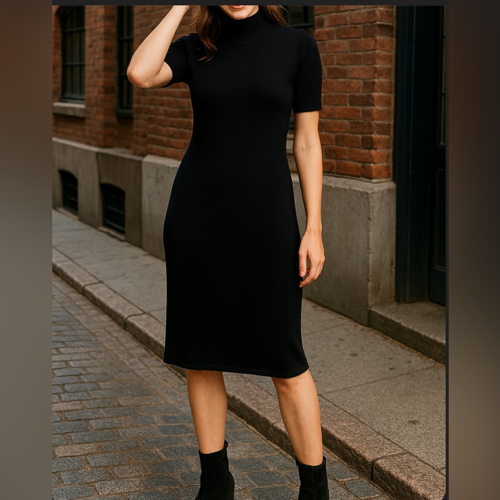 Nina Leonard Black Sheath Midi Dress Short Sleeve Crew Neck